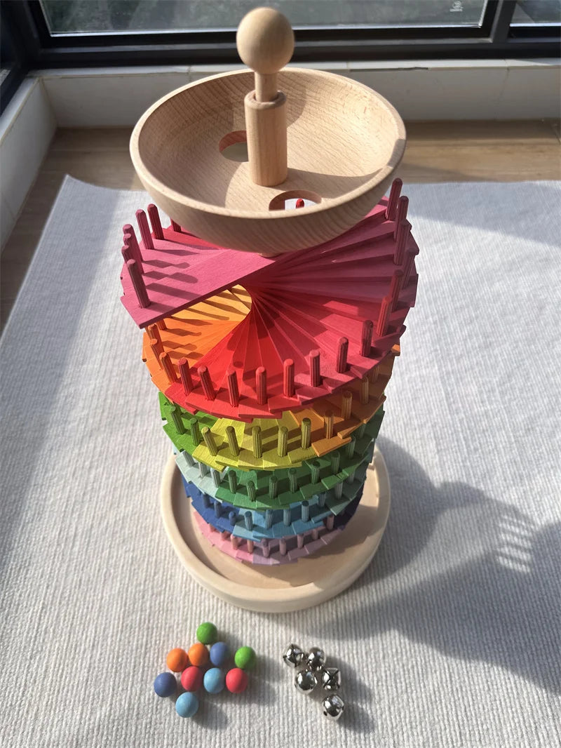 Wooden Rainbow Spiral Marble Run Tower | Montessori STEM Toy