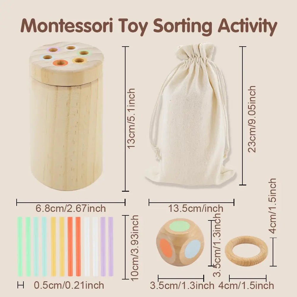 Montessori toy sorting activity set with wooden container, drawstring bag, and colorful rings with measurements.