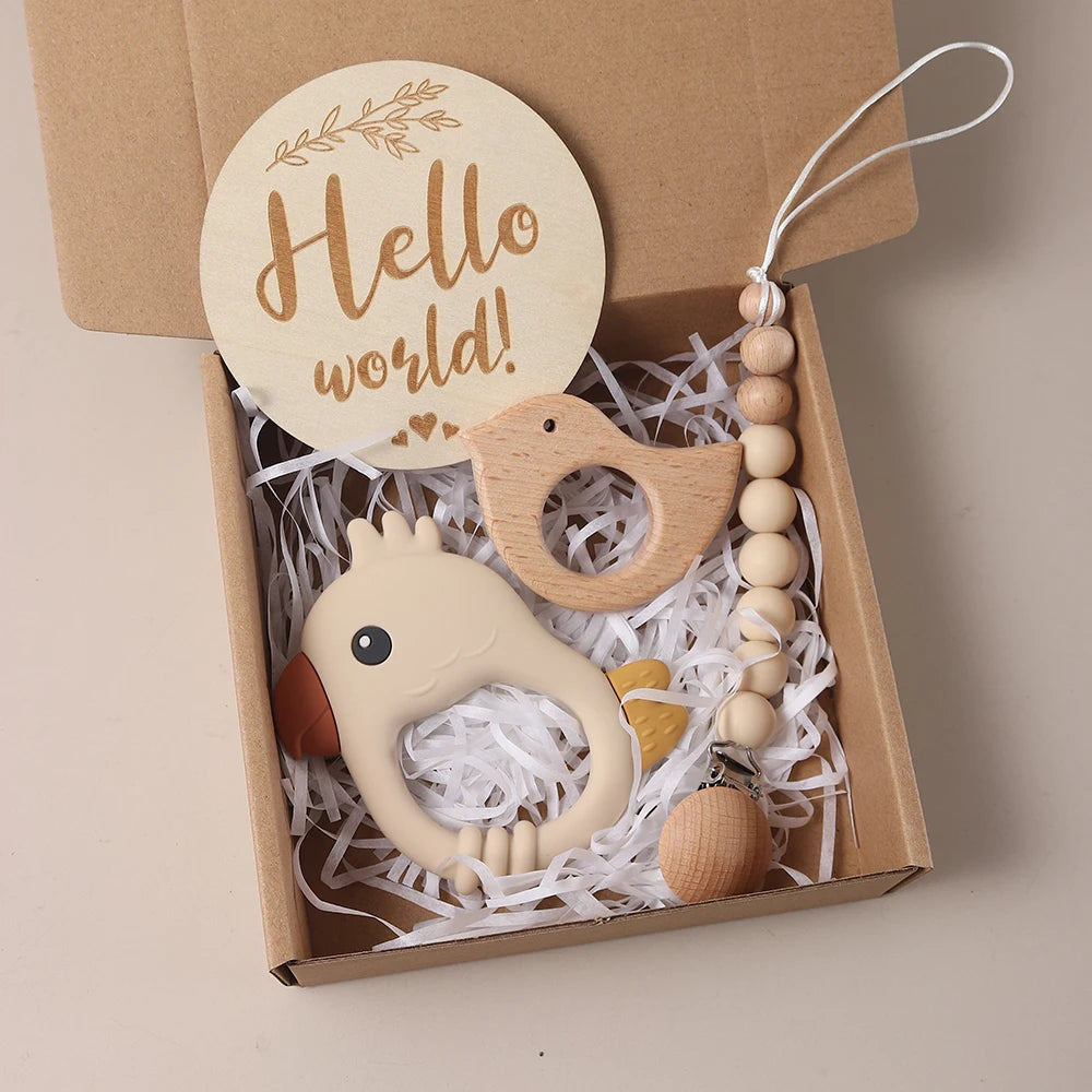 Wooden baby rattle with 'Hello world!' tag in a box