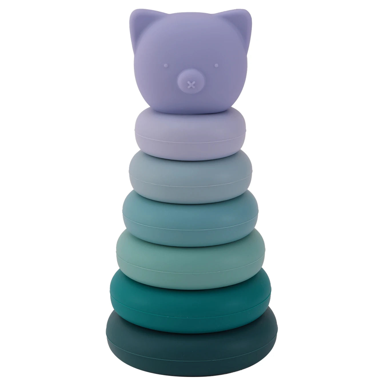 Stack of colorful silicone rings with a cat-shaped top on a white background