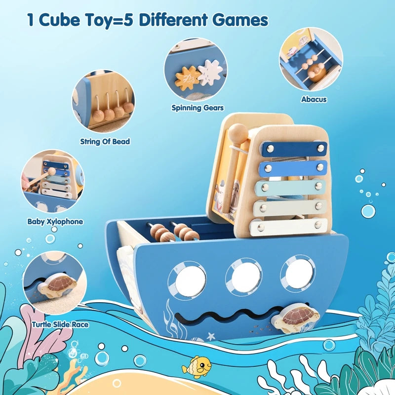 Toy cube with multiple educational games on a blue underwater-themed background