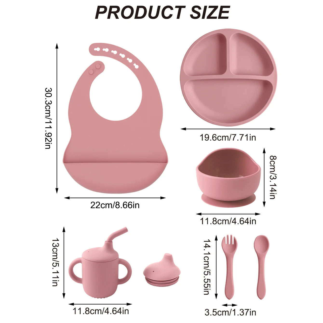 Product size chart for a pink baby feeding set on a white background, showing a bib, divided plate, suction bowl, sippy cup, and utensils with measurements in centimeters and inches.