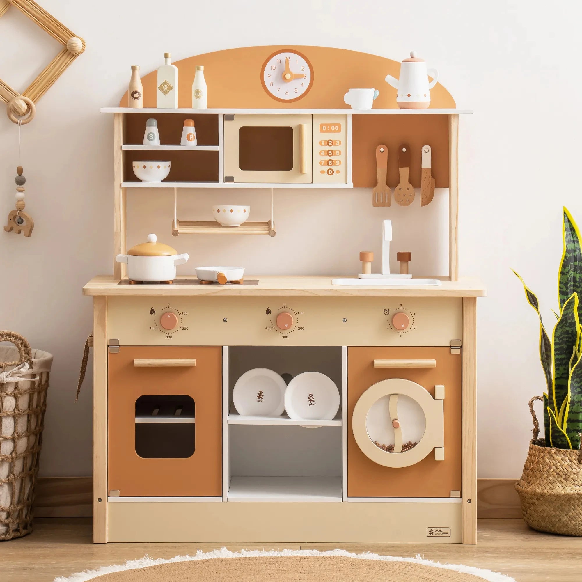 Wooden Play Kitchen Set - Kitchen, Dishwasher, Refrigerator & Washing Machine