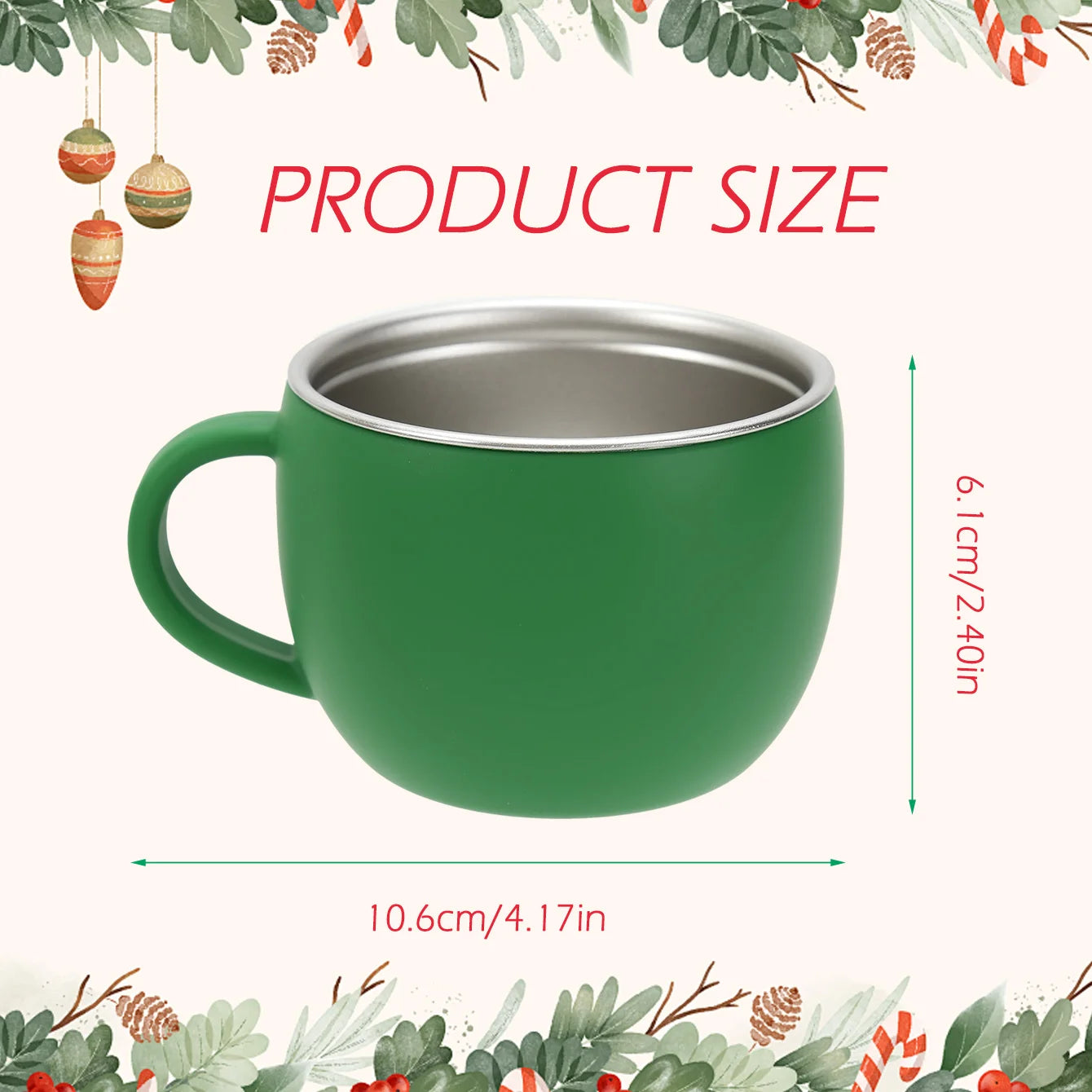 Stainless steel and silicone toddler mug size chart, 10.6 x 6.1 cm