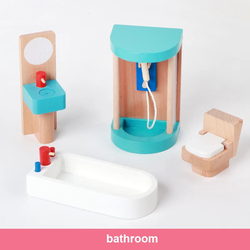 Wooden toy bathroom set with sink, toilet, and shower on a white background