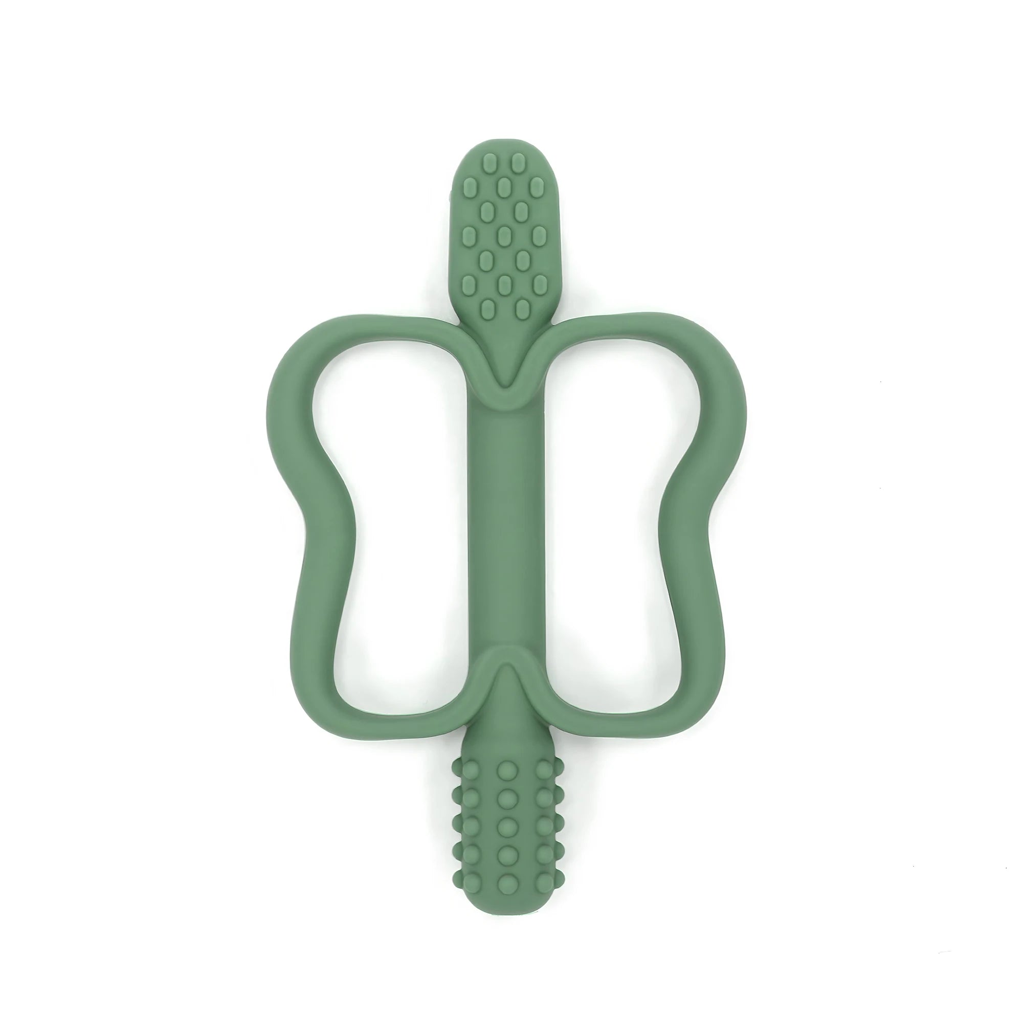 Green baby teether on a white background