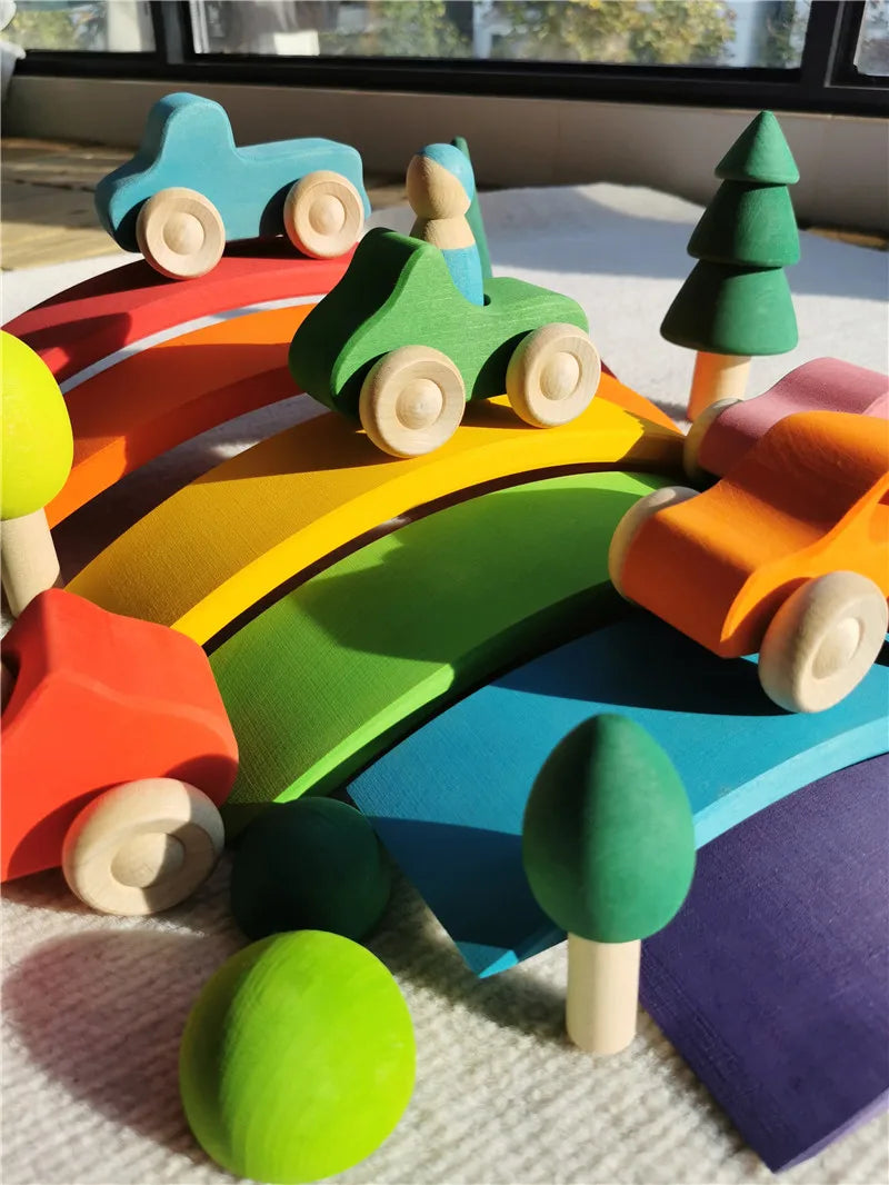 Wooden Stacking Bridge, Cars & Forest Trees Set - Montessori Imaginative Play