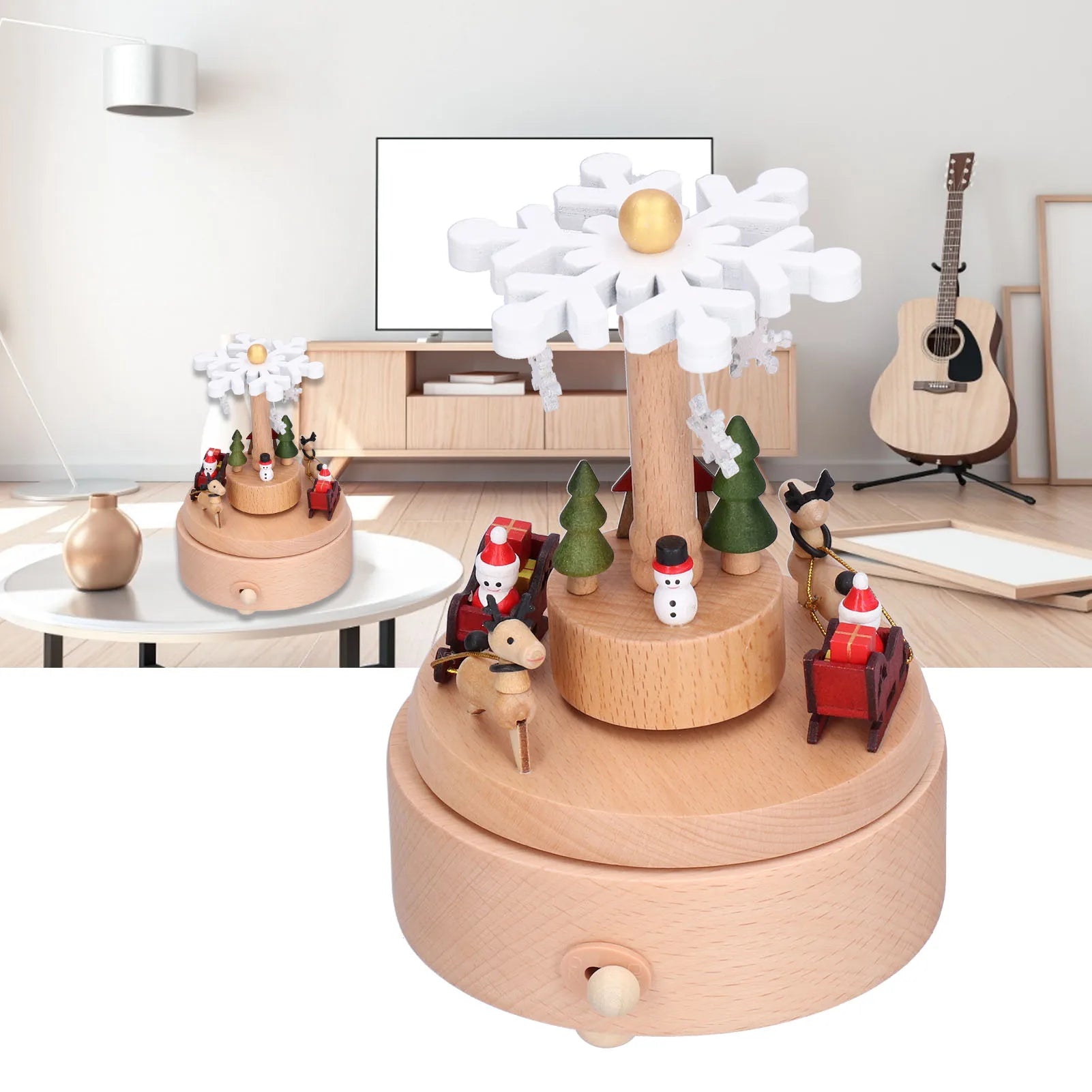 Wooden Christmas music box with animated figures in a living room setting.