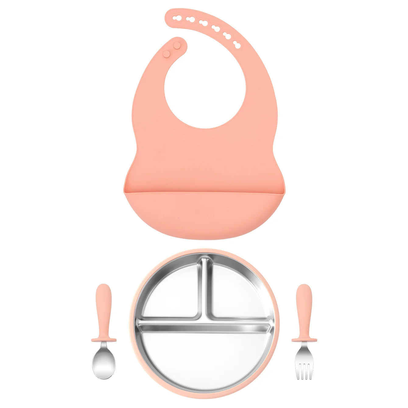 4-Piece Stainless Steel Silicone Feeding Set with Divided Plate and Bib