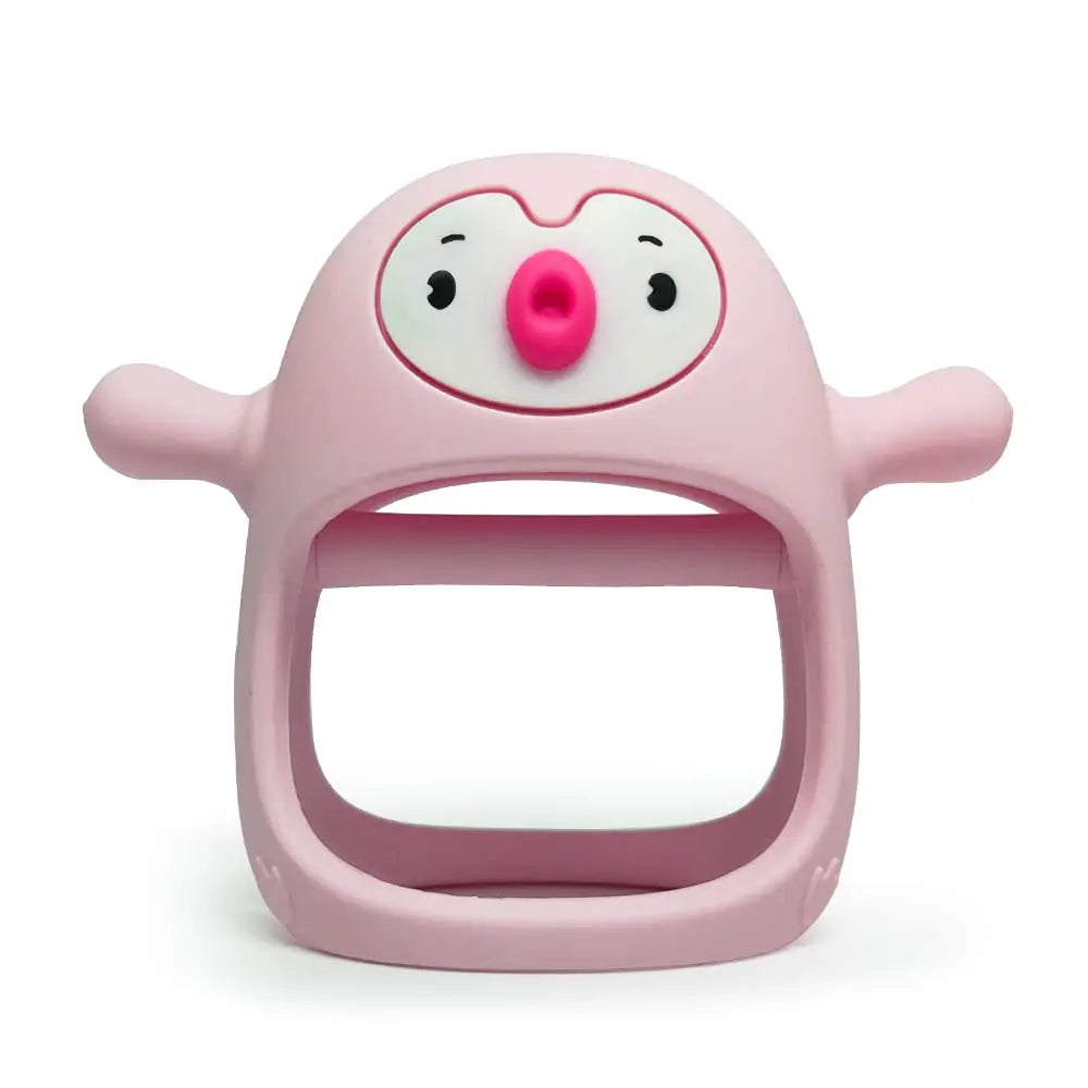 Pink baby teether with a cartoon face on a white background