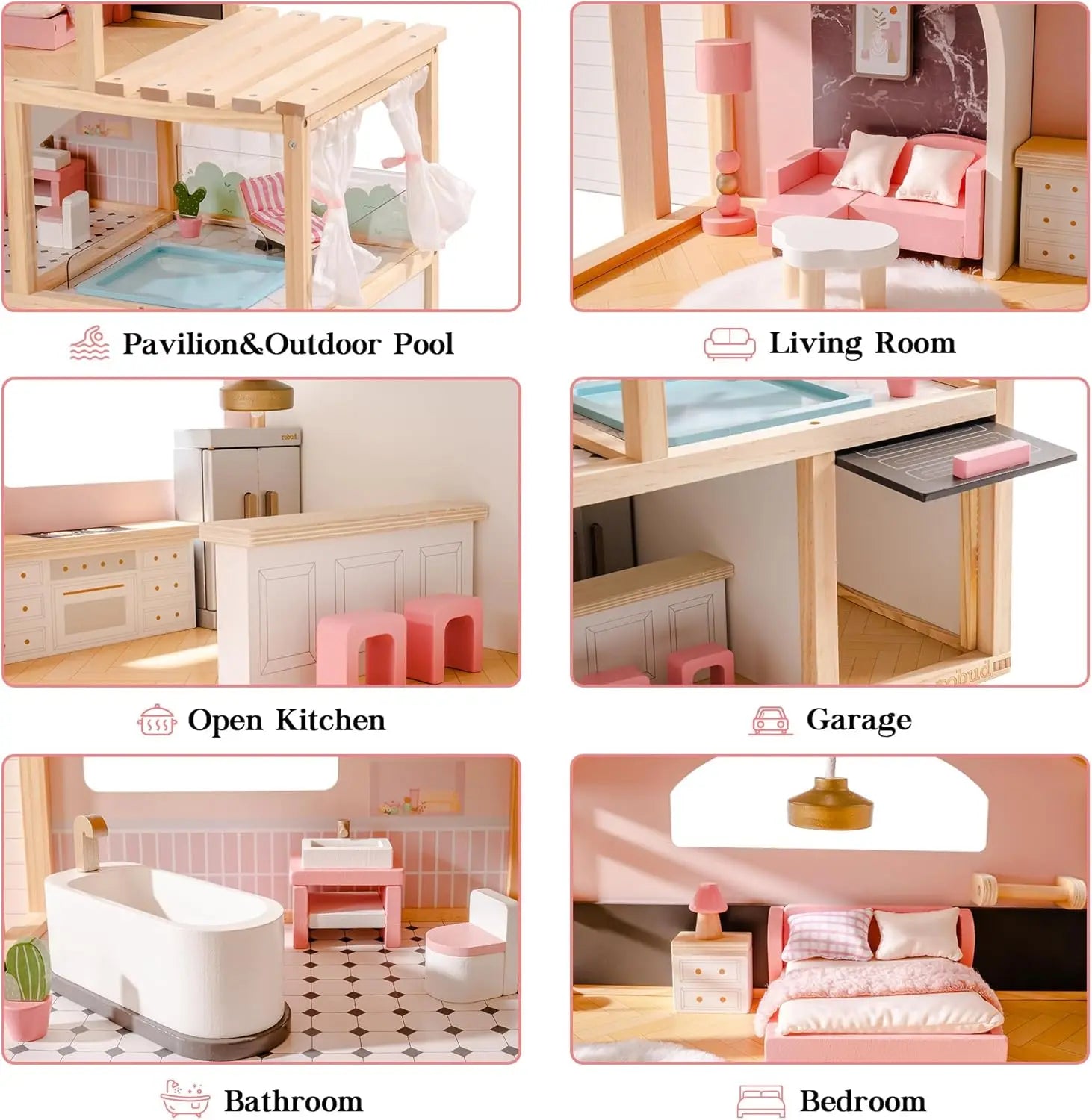 Collage of a dollhouse with labeled rooms including Pavilion, Outdoor Pool, Living Room, Open Kitchen, Garage, Bathroom, and Bedroom.