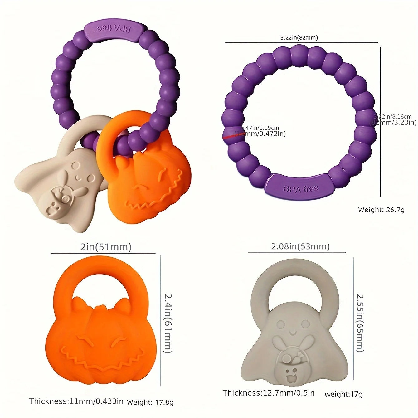 Teething toys with purple, orange, and beige colors, featuring measurements and weights on a white background.