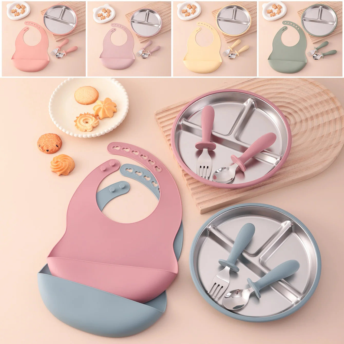 4-Piece Stainless Steel Silicone Feeding Set with Divided Plate and Bib