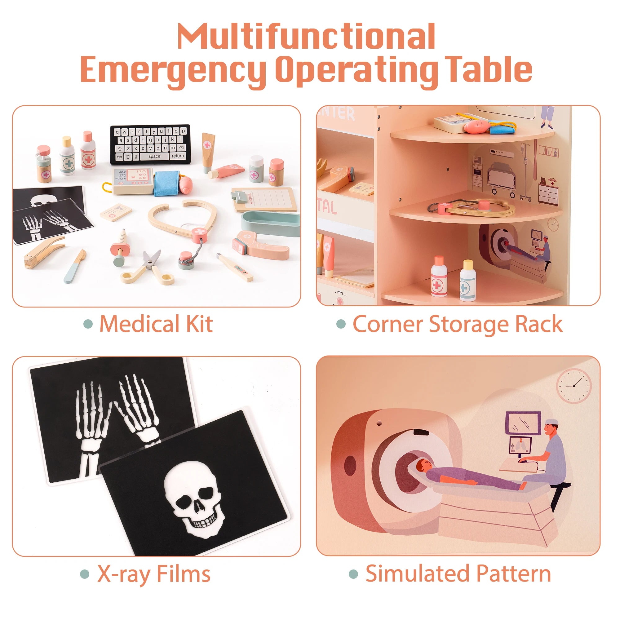 Multifunctional emergency operating table with medical kit, corner storage rack, x-ray films, and simulated pattern.