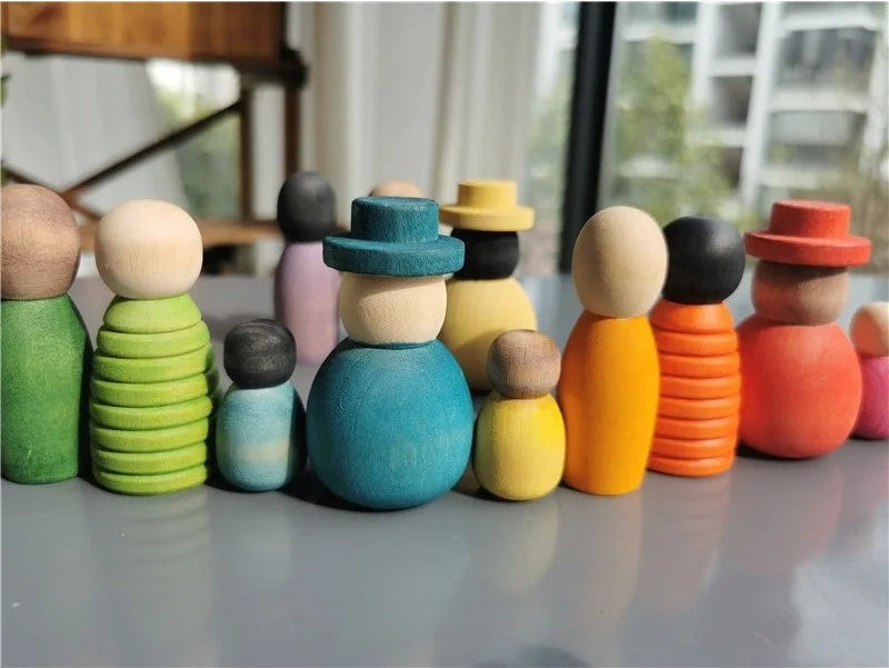 Handmade Rainbow Peg Dolls | Wooden Family Set of 12