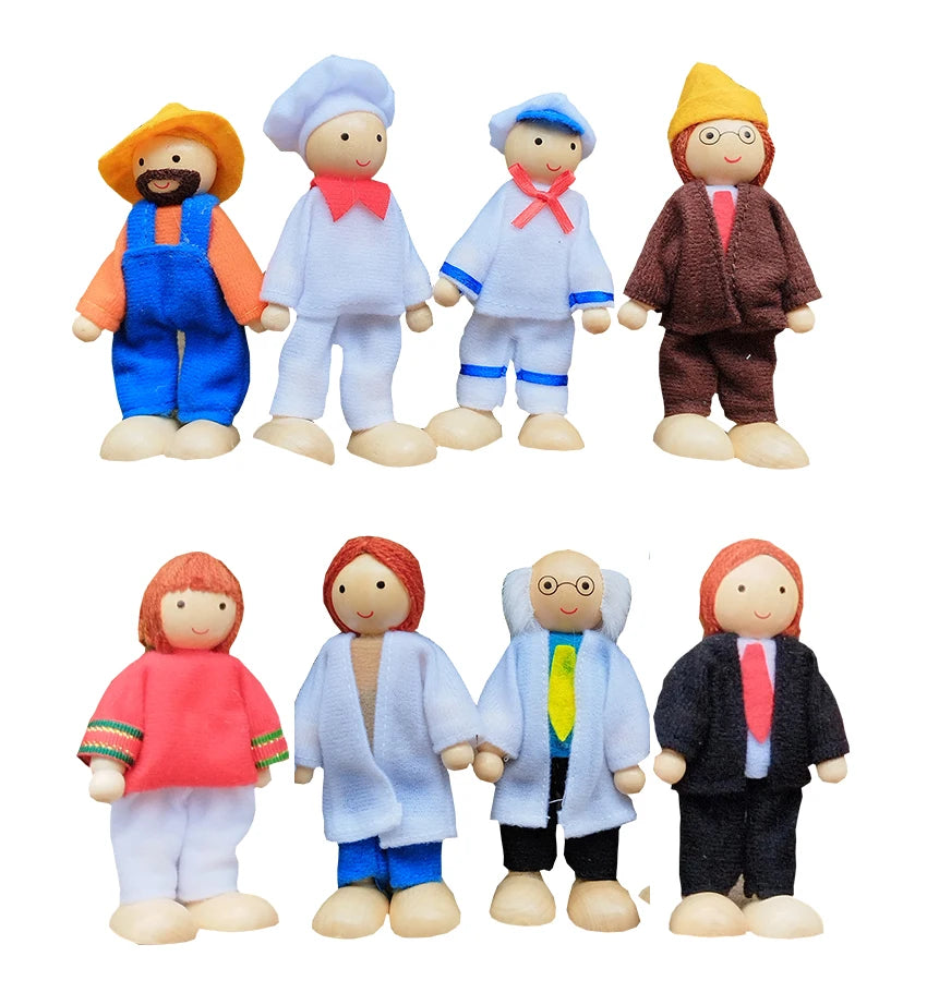 Set of colorful toy figures in various outfits on a white background