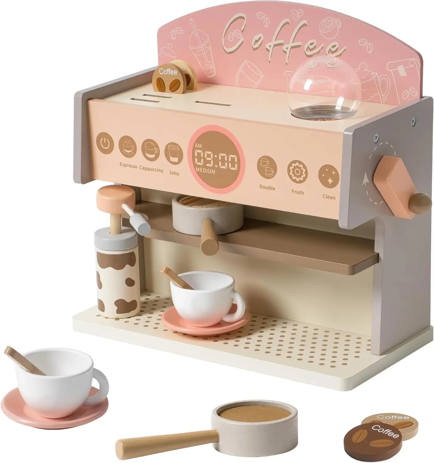 Wooden toy coffee machine with various accessories on a white background