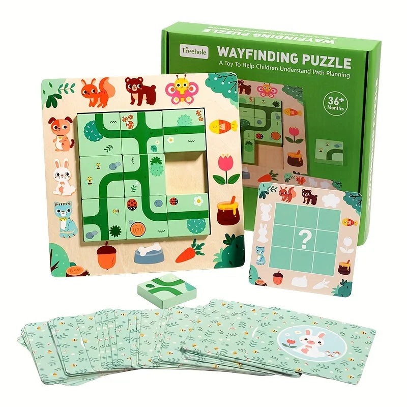 Wayfinding puzzle with wooden pieces and cards on a white background