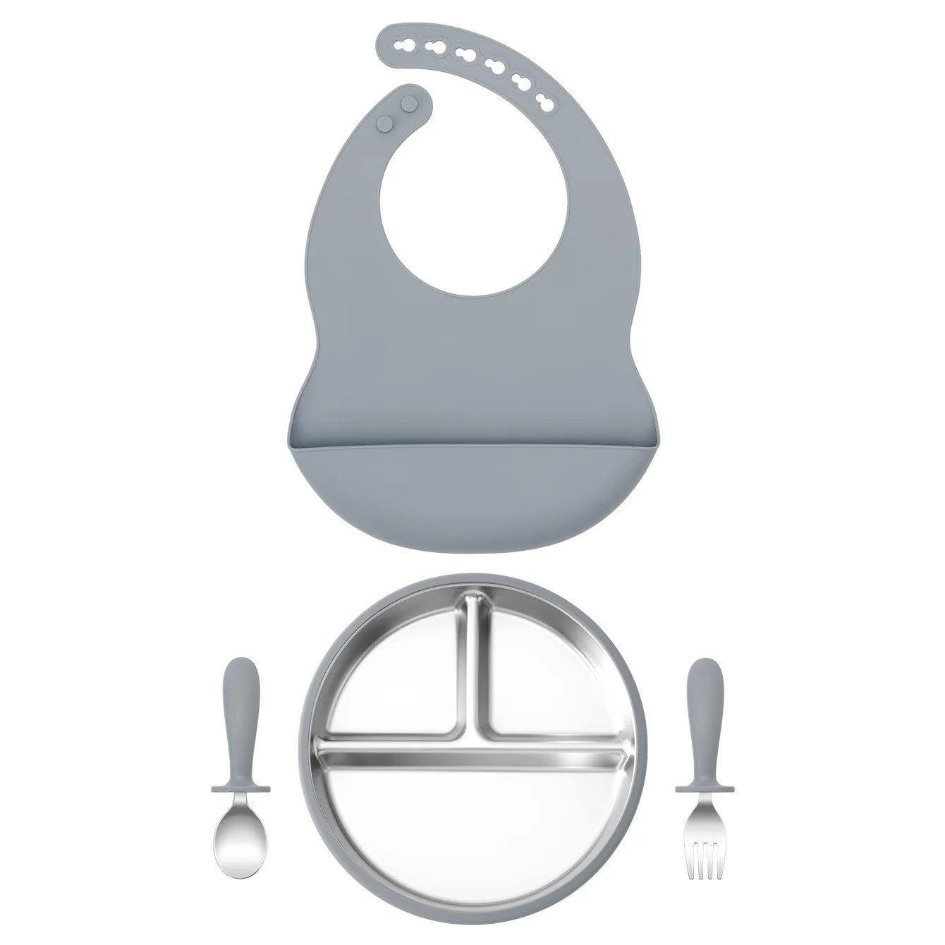 4-Piece Stainless Steel Silicone Feeding Set with Divided Plate and Bib