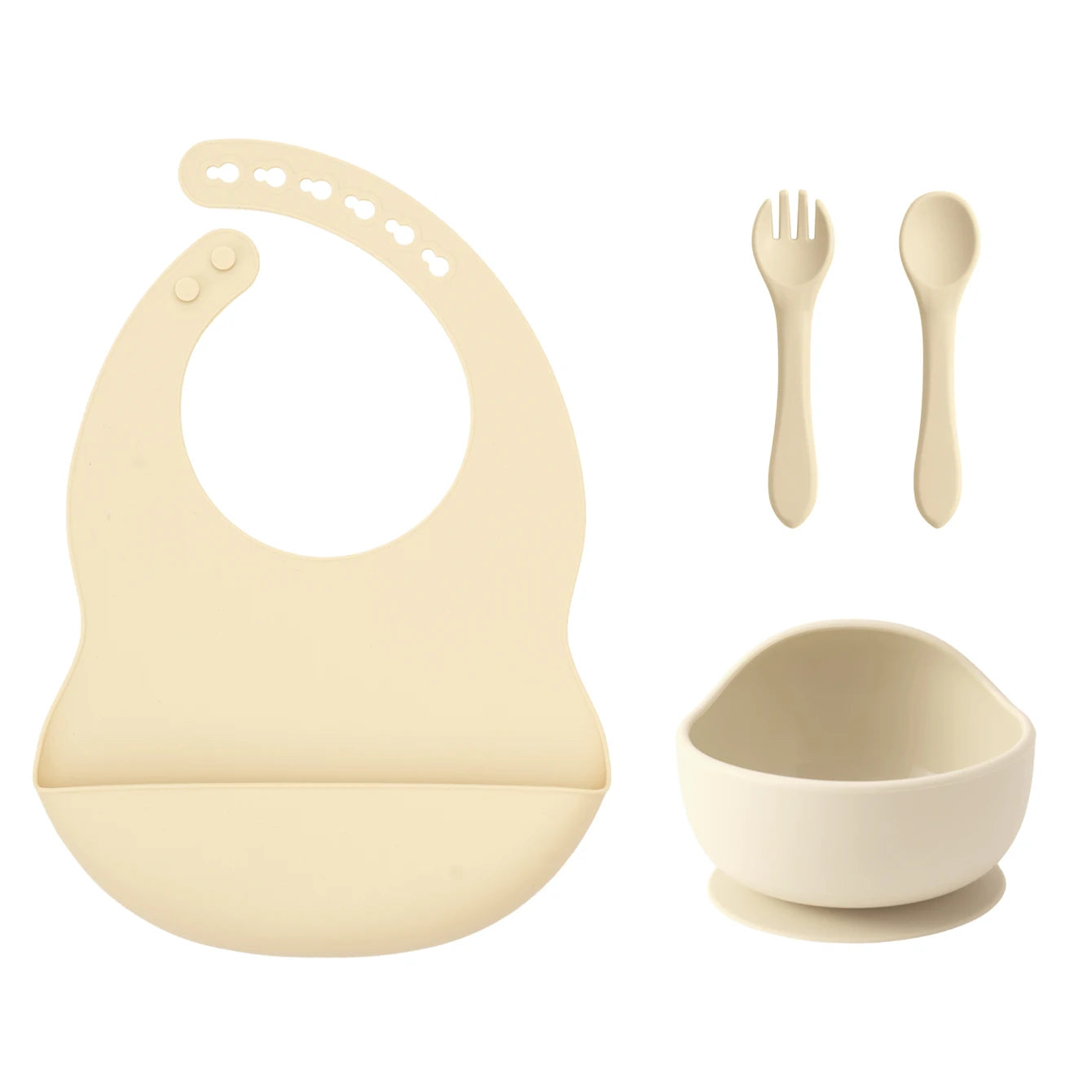 Beach Sand silicone bib, suction bowl, spoon and fork set