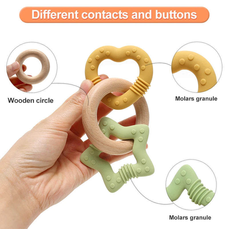 Teething ring with wooden circle, molar granule, and molar granule close-ups.