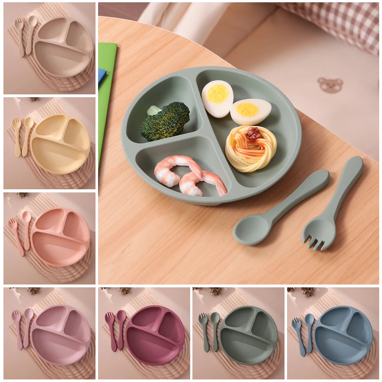 Round divided plates with matching spoons and forks in many colors