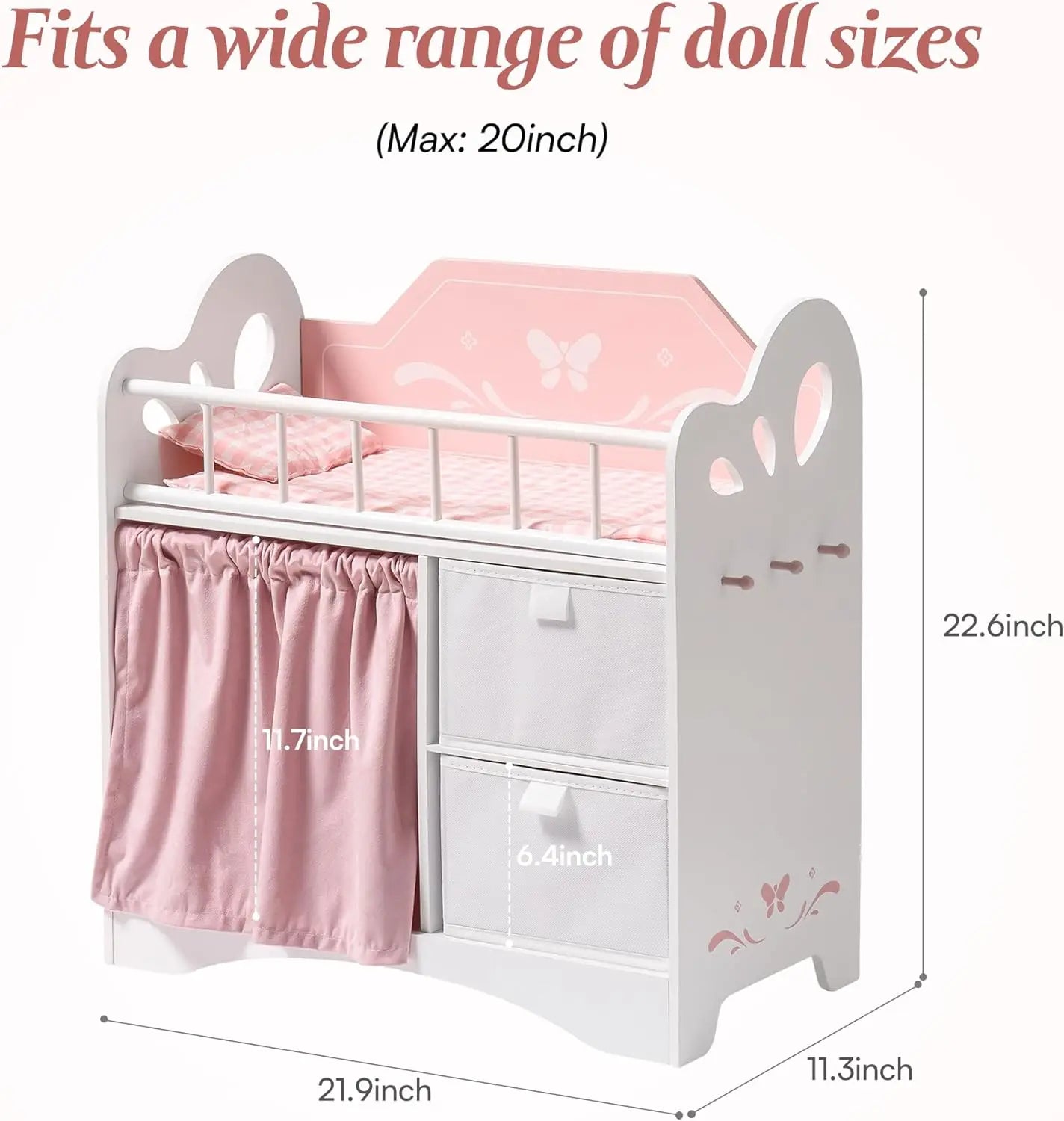 White doll bed with pink bedding and dimensions on a white background