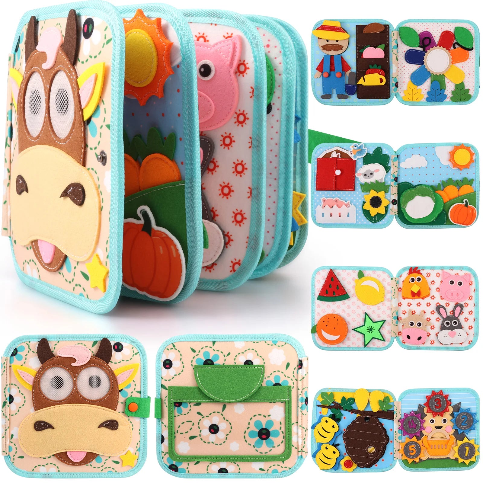 Children's educational toy with animal illustrations and interactive elements on a white background