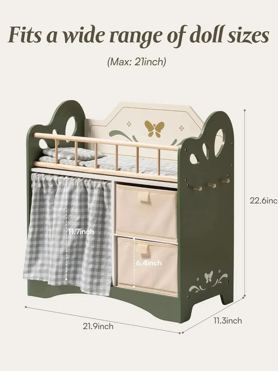 Doll bed with dimensions labeled on a white background
