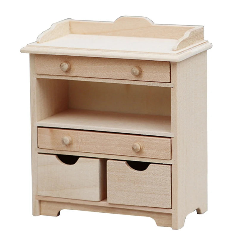 Beige nightstand with three drawers on a white background