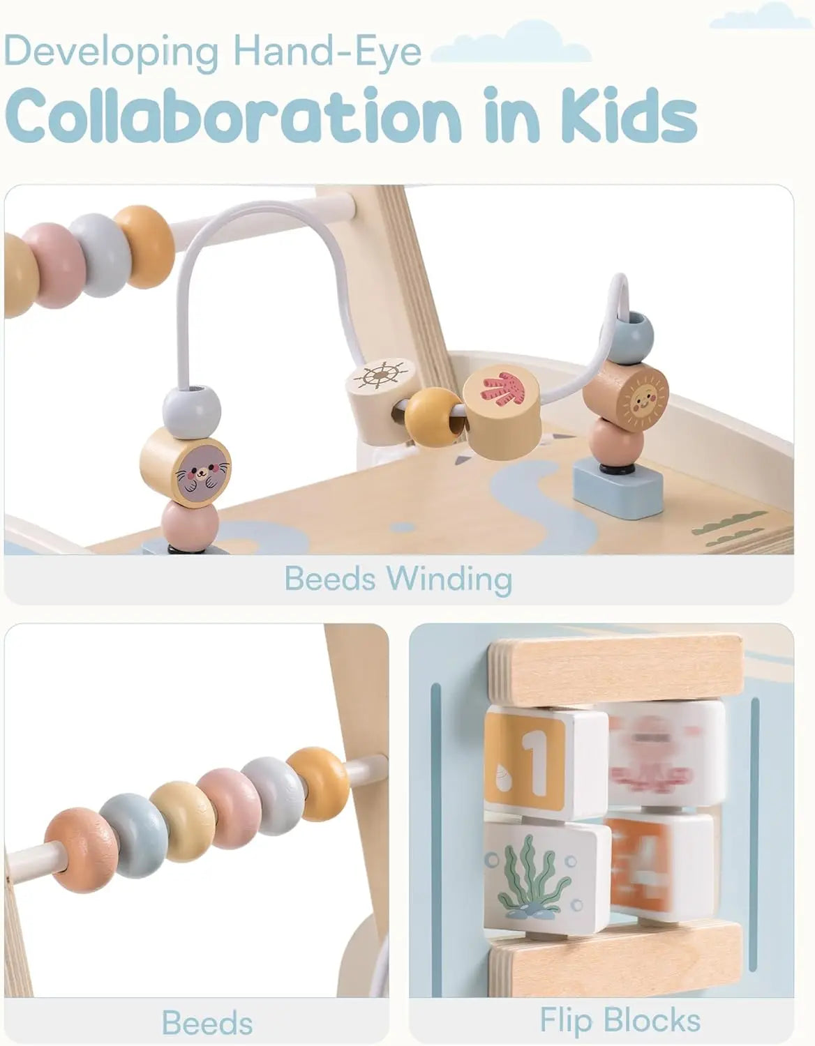 Wooden educational toy with beads and flip blocks, promoting hand-eye collaboration in kids.