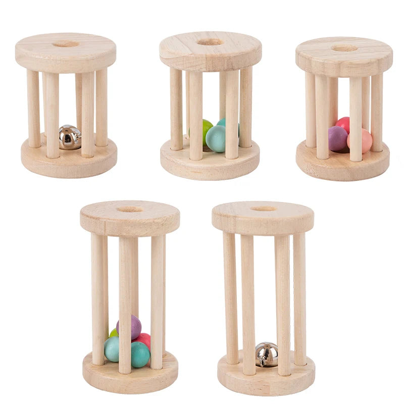 Baby Musical Wood Rattles made of beech wood with colorful balls inside, designed for sensory discovery and fine motor development. Ideal for early learning play.