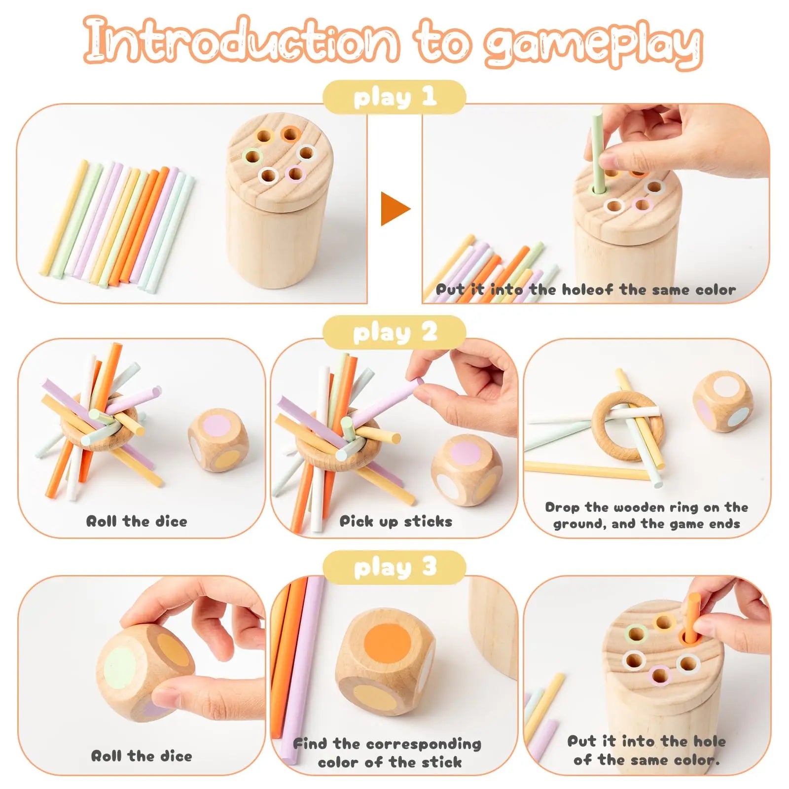 Instructions for a wooden toy game with colorful sticks and dice.