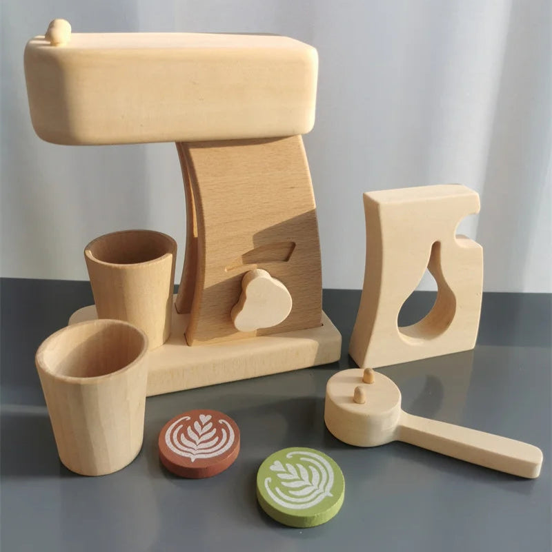 Wooden toy coffee set with various pieces on a gray surface