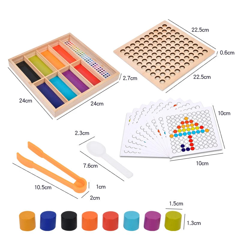 Montessori educational materials including colorful wooden blocks, a pegboard, and measurement charts with dimensions.