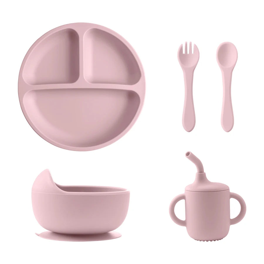 Light pink divided plate, bowl, straw cup, spoon and fork