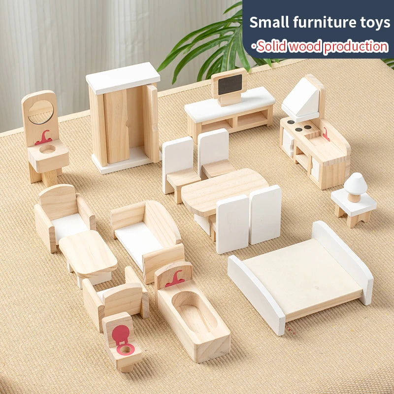 Set of wooden furniture toys on a neutral background with text indicating solid wood production.