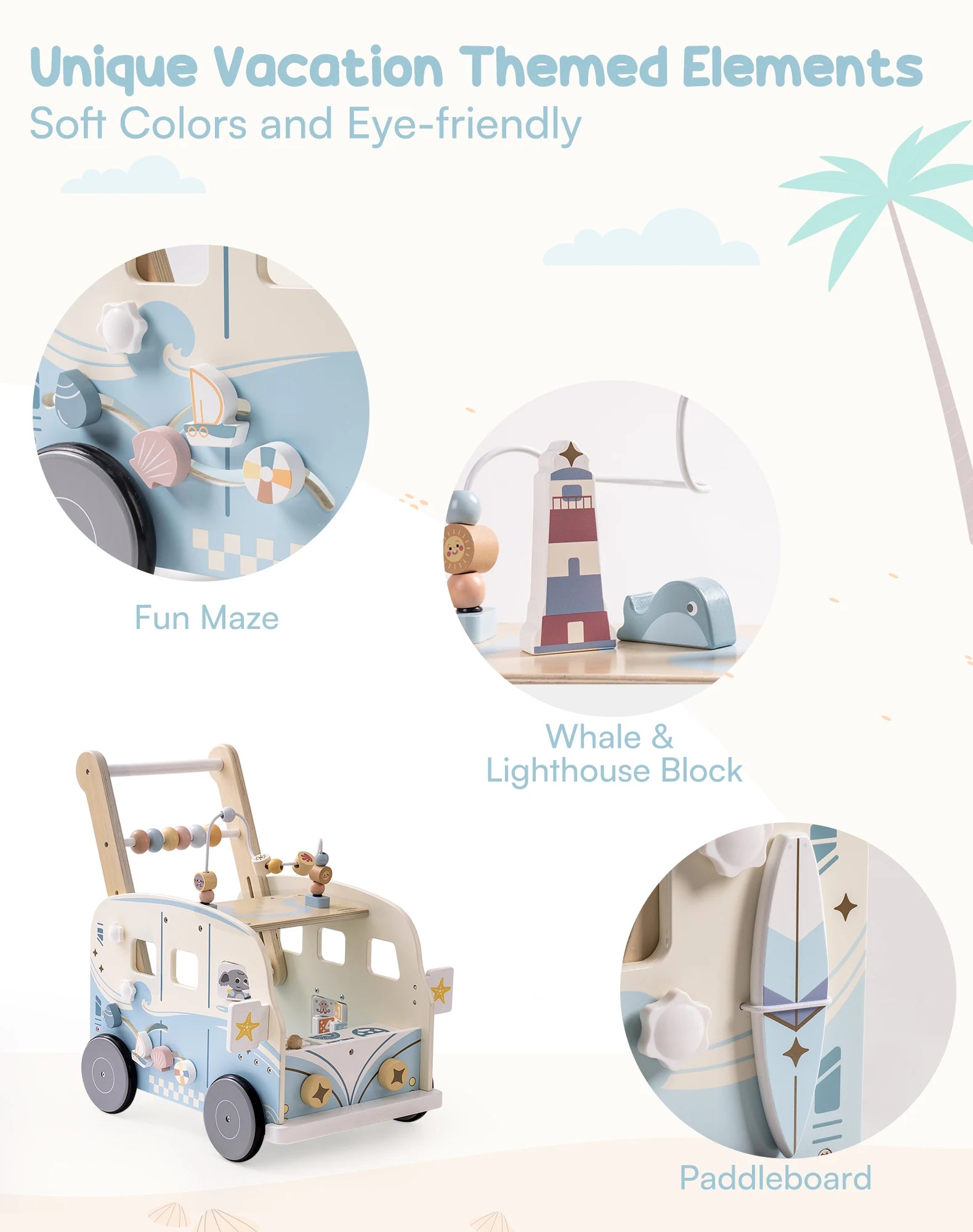 Wooden Baby Push-Along Activity Walker with Busy Board