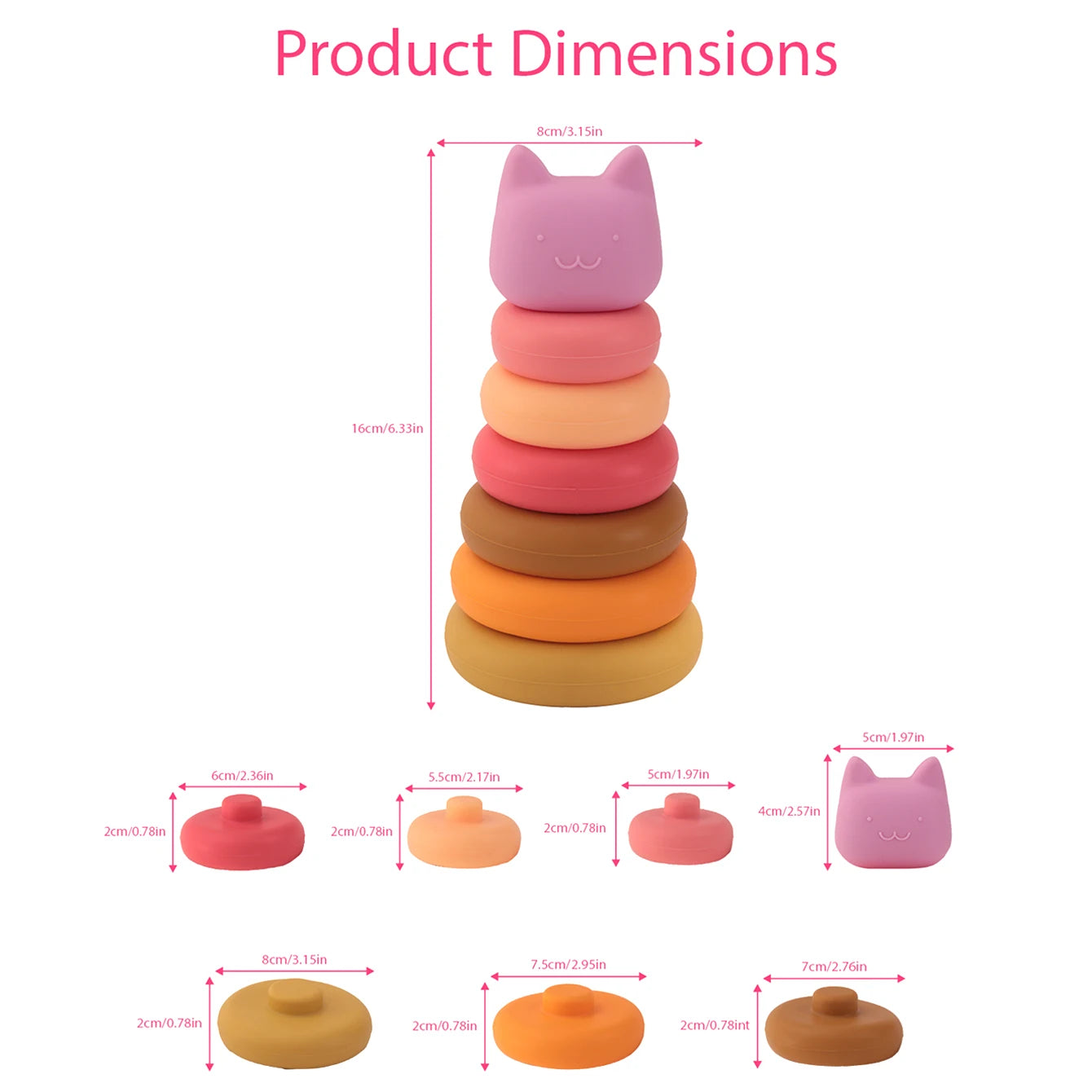 Stack of colorful cat-shaped rings with dimensions labeled on a white background