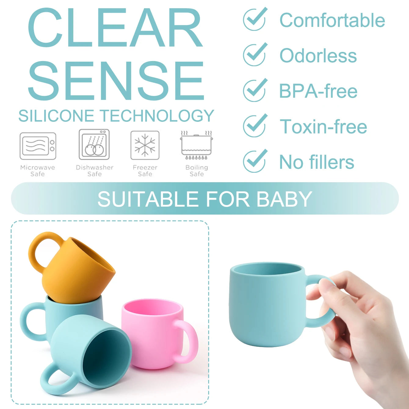 Silicone mug features: BPA free, odorless and toxin free