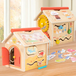 Montessori Fun House & Cash Register Set: Educational wooden toys for toddlers. Features shape sorting, magnetic worm catching, and more for hands-on learning fun.