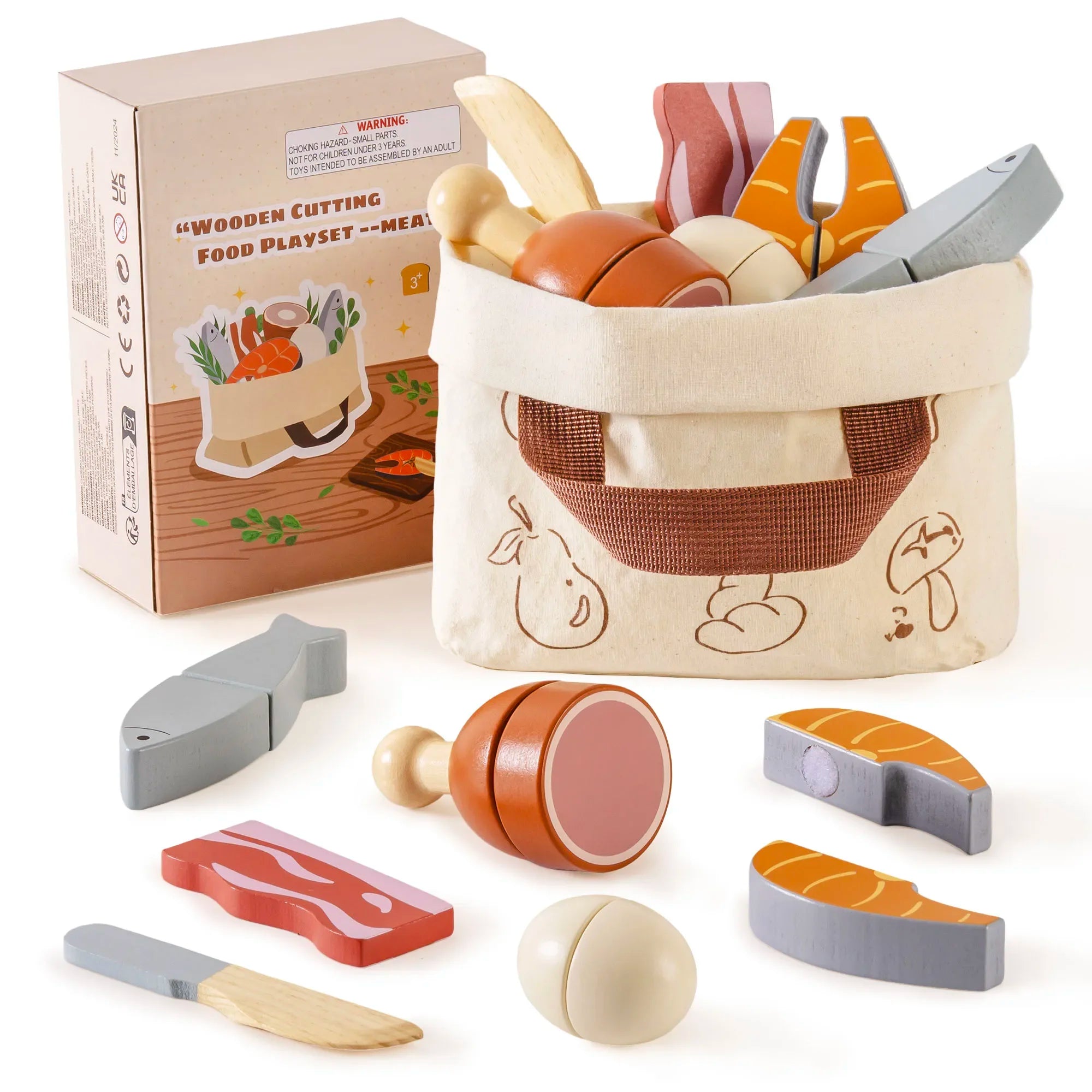 Wooden cutting food playset with packaging on a white background
