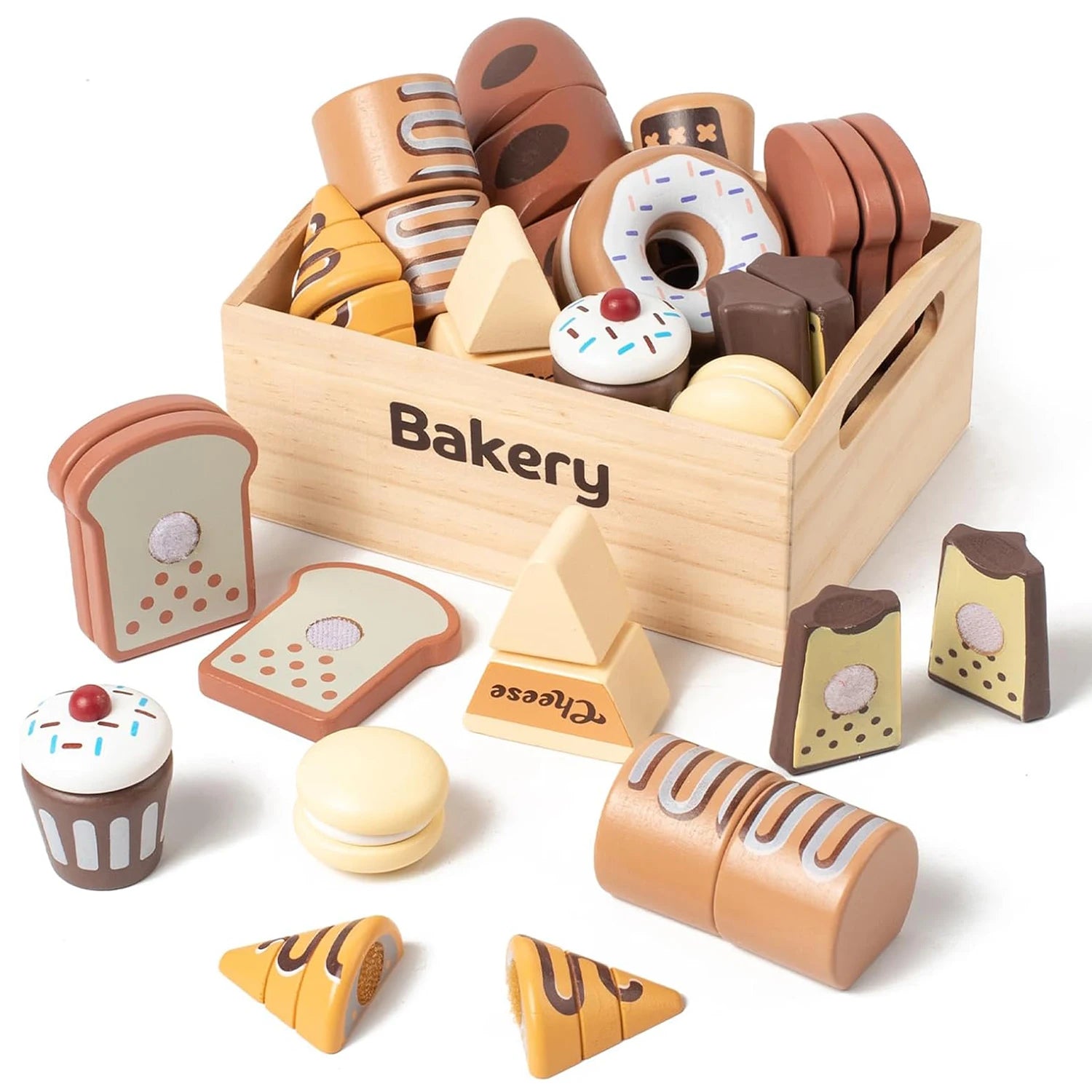 Wooden bakery set with various food items and a crate labeled 'Bakery' on a white background.