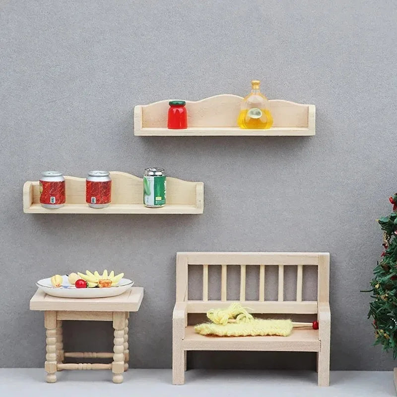 Set of wooden shelves and bench against a gray wall with decorative items.