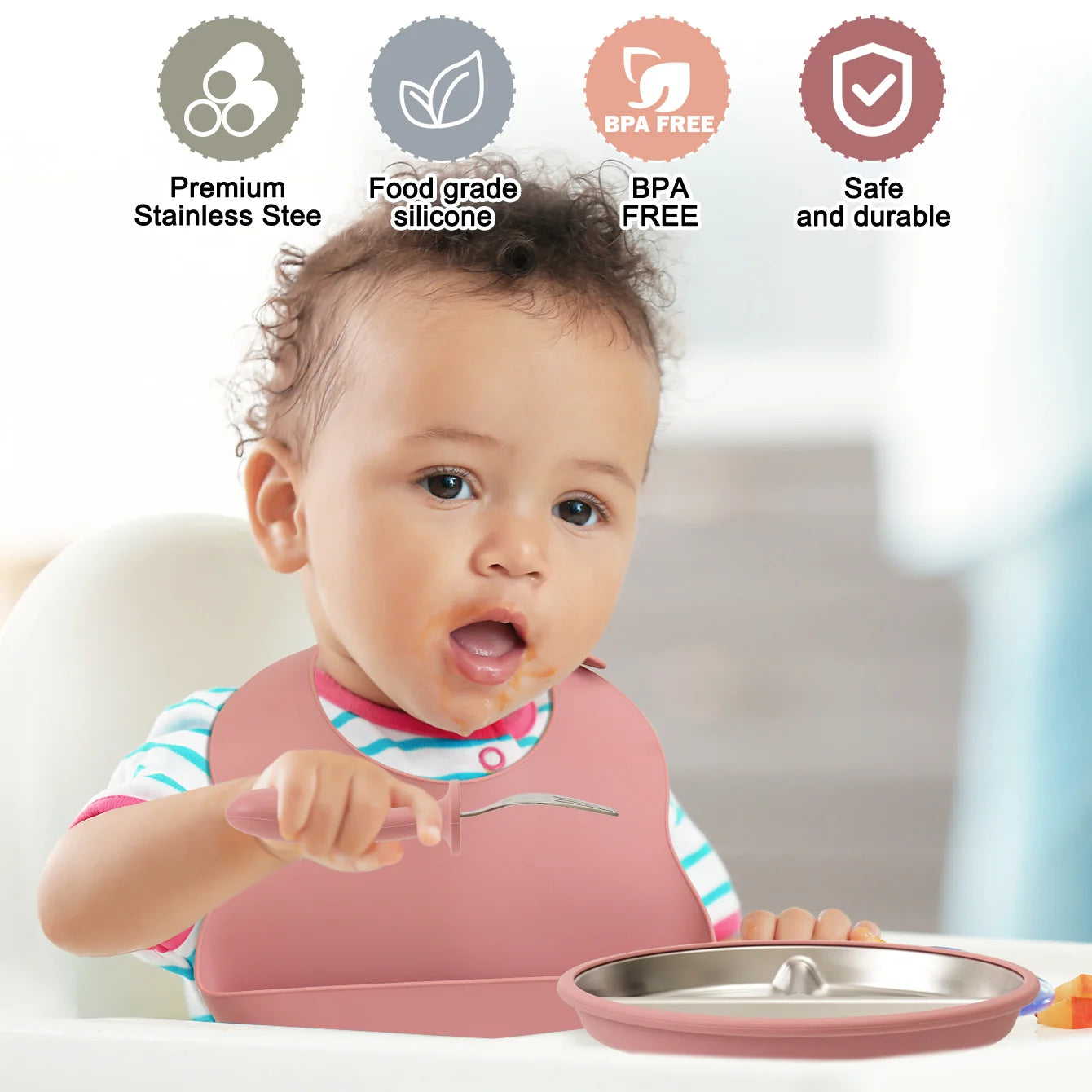 4-Piece Stainless Steel Silicone Feeding Set with Divided Plate and Bib