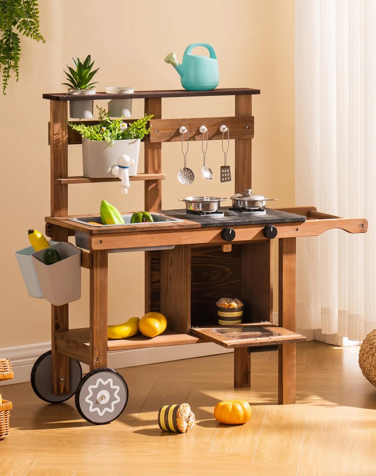 Wooden Mud Kitchen with Wheels - Outdoor Play Kitchen on Cart