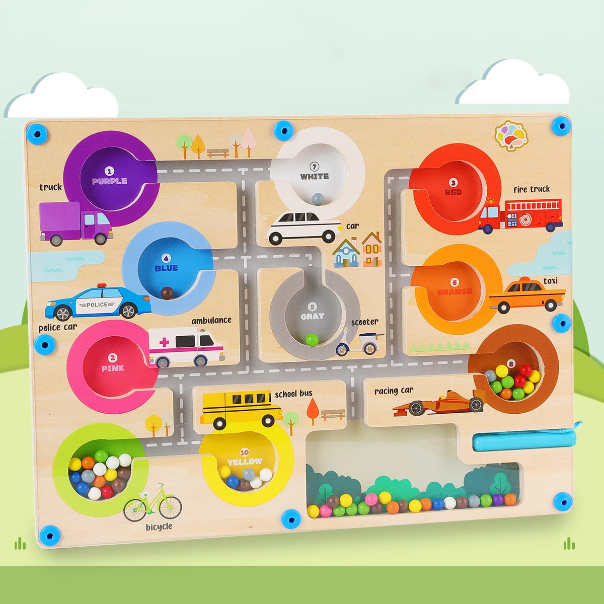 Wooden educational toy with colorful roads and vehicles on a light green background