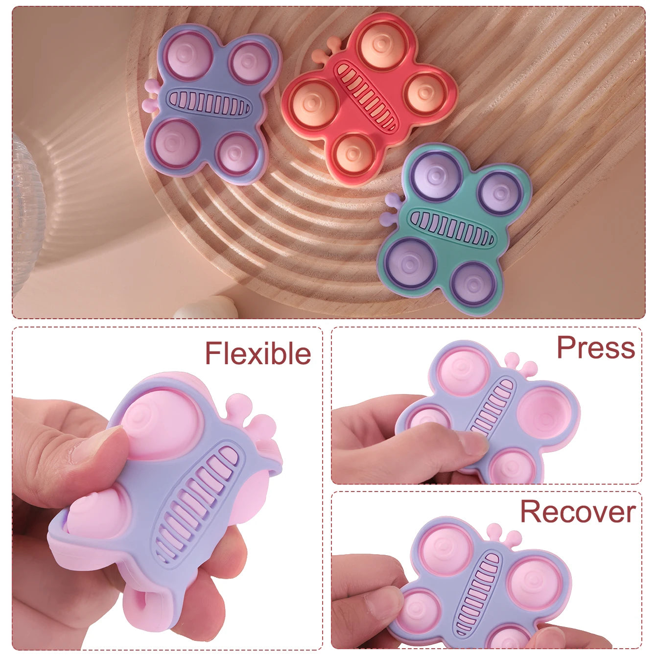 Butterfly teether bending, being pressed and springing back