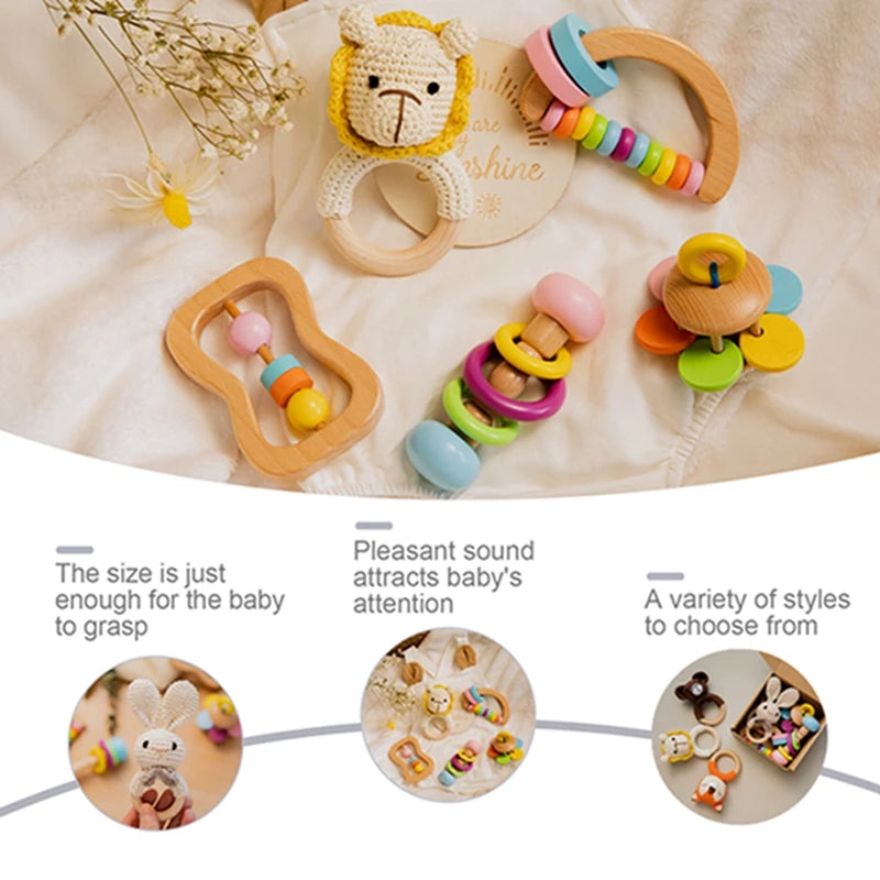 Wooden Baby Rattle Gift Set featuring handmade musical crochet rattles in a box, designed to stimulate sensory development and creativity for infants.
