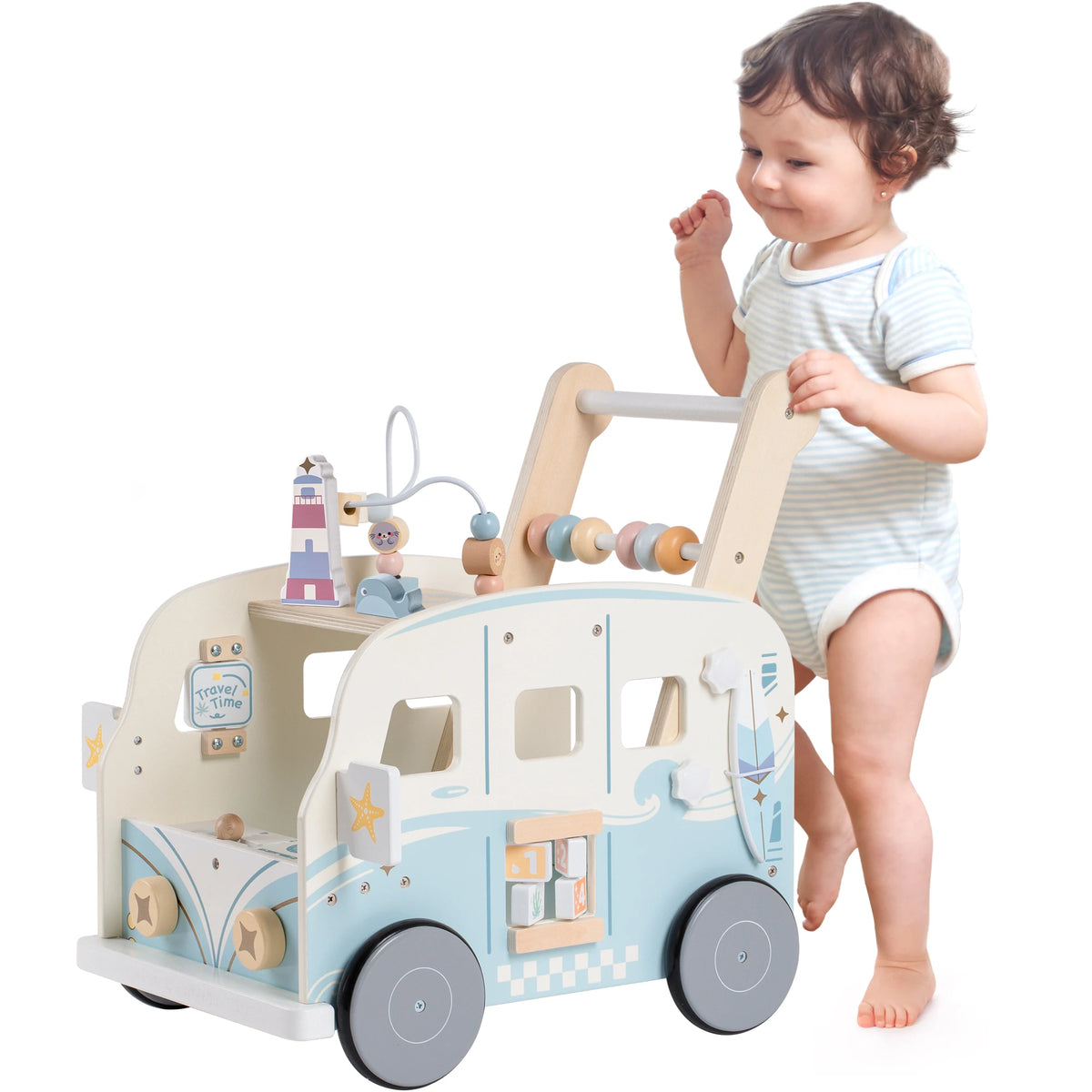 Wooden Baby Push-Along Activity Walker with Busy Board
